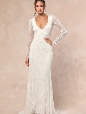 Lulu's Ivory Beaded V-Neck Long Sleeve Gown